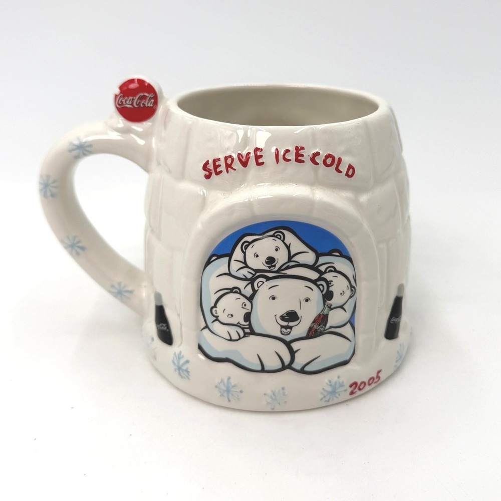 Coca-Cola 2005 Polar Bear Igloo Coffee Mug Houston Harvest Serve Ice Cold 3D Cup